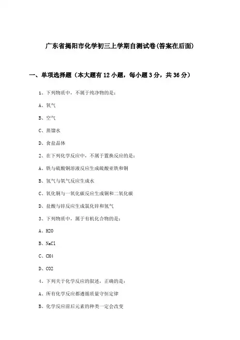 广东省揭阳市初三上学期化学试卷及解答参考