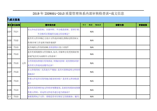 2019年ISO9001-2015质量管理体系内部审核检查表-成文信息