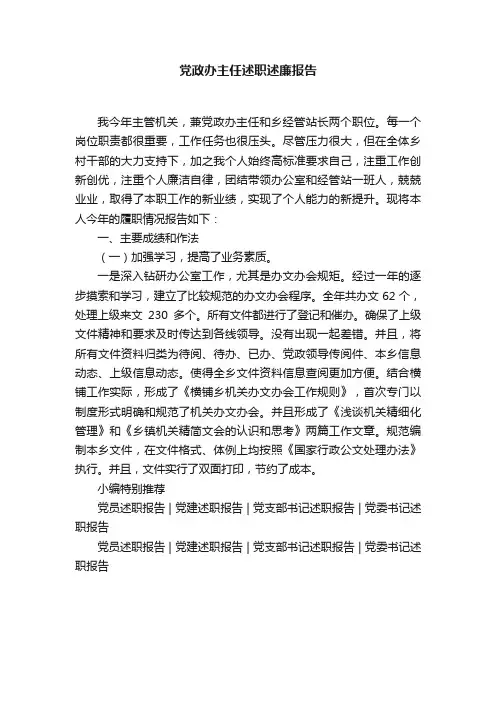 党政办主任述职述廉报告