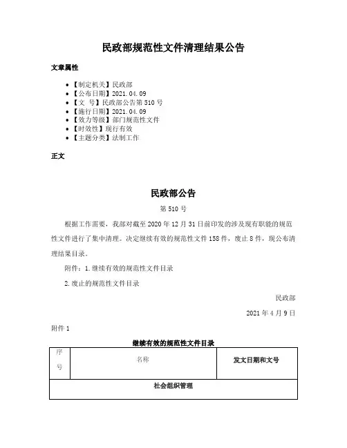 民政部规范性文件清理结果公告