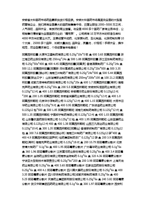 安徽省太和医药市场药品最新供货价格目录2
