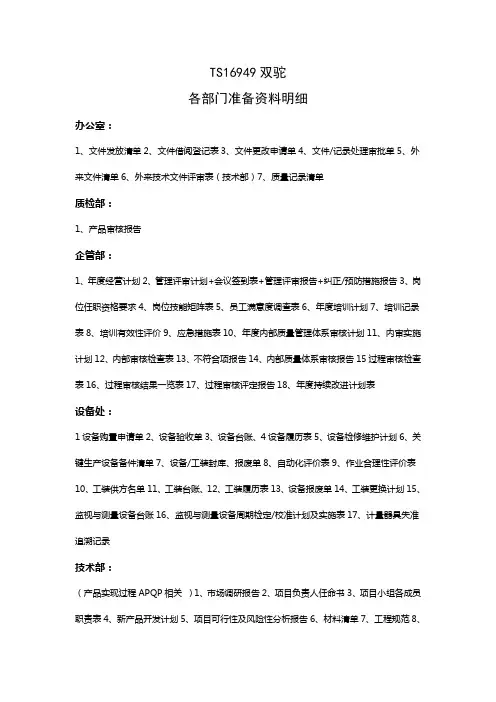 TS16949各部门准备资料明细