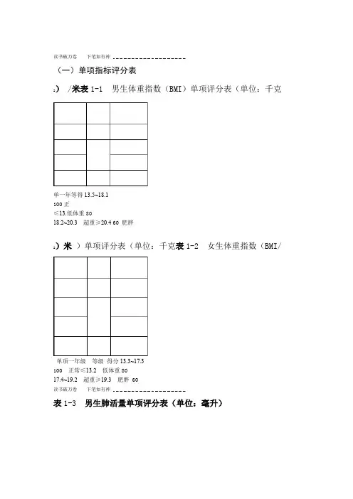 一年级体质测试各项标准
