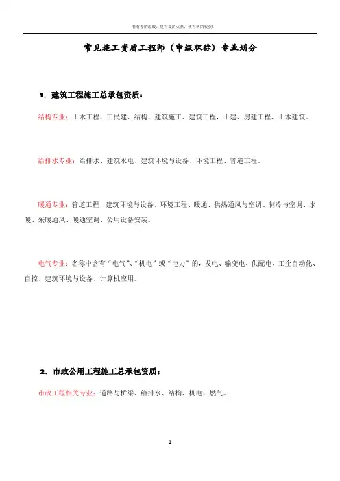 常见施工资质中工程师(中级职称)专业划分表