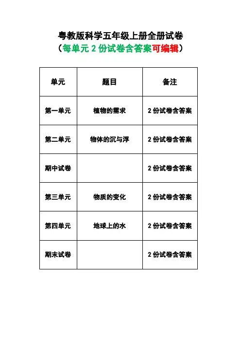 粤教版科学五年级上册全册试卷(含答案)