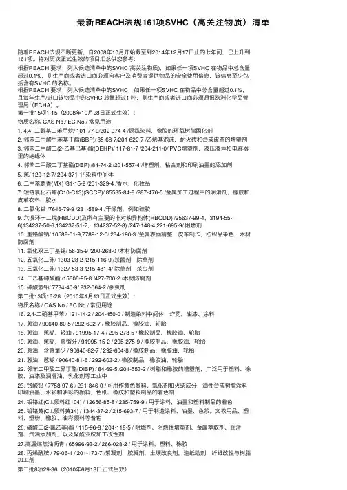 最新REACH法规161项SVHC（高关注物质）清单