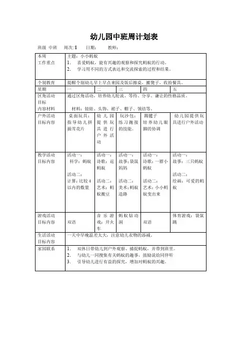 幼儿园中班周计划表(第八周)