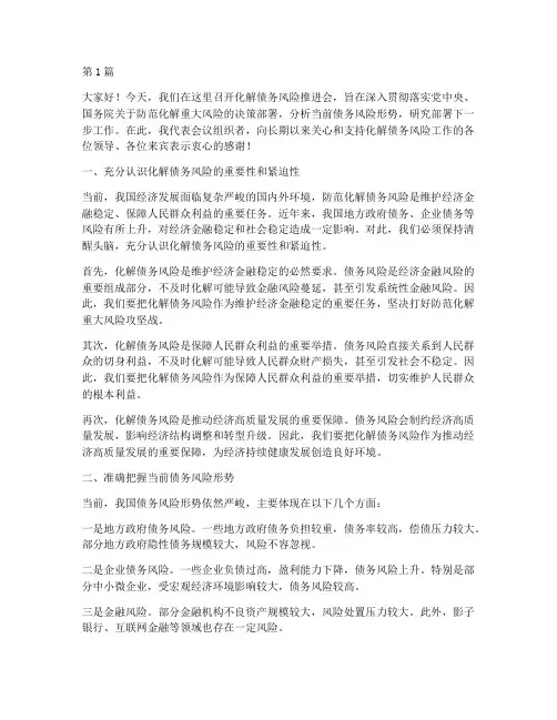 化解债务风险推进会发言(3篇)