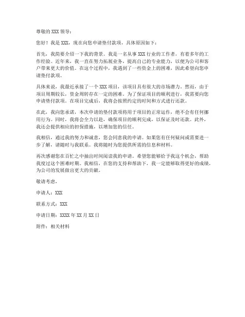 垫付钱的申请书范文模板
