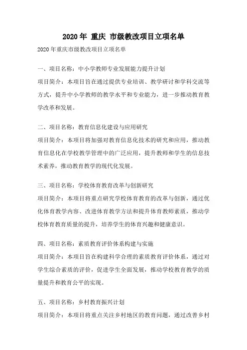 2020年 重庆 市级教改项目立项名单