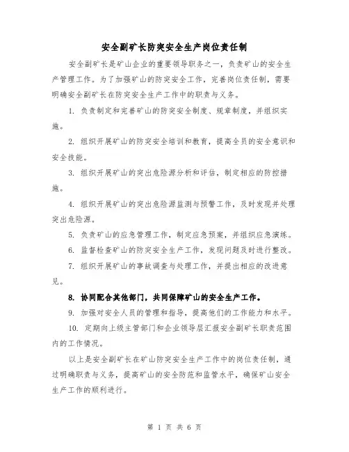 安全副矿长防突安全生产岗位责任制(5篇)
