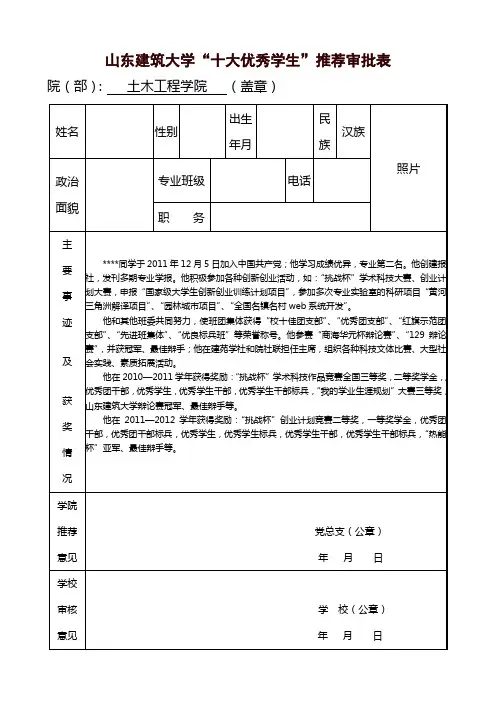 山东建筑大学“十大优秀学生”推荐审批表