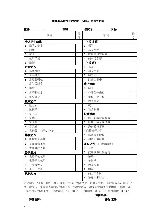 脑瘫患儿日常生活活动能力评估表