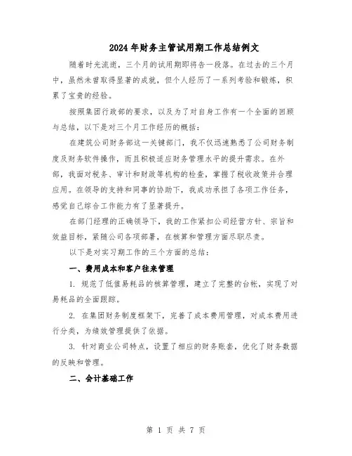 2024年财务主管试用期工作总结例文（四篇）