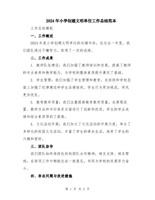 2024年小学创建文明单位工作总结范本