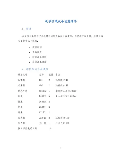 机修区域设备设施清单