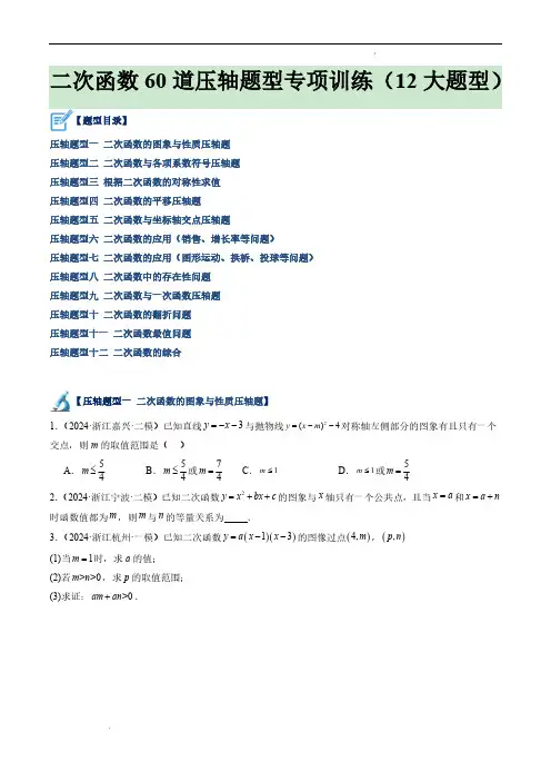 二次函数60道压轴题型专项训练(12大题型)(原卷版)—2024-2025学年九年级数学上册(浙教)