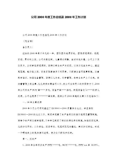 公司2008年度工作总结及2008年工作计划