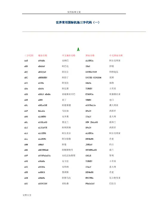 世界常用国际机场三字代码