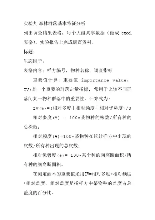 森林群落结构特征分析和物种多样性指数计算公式