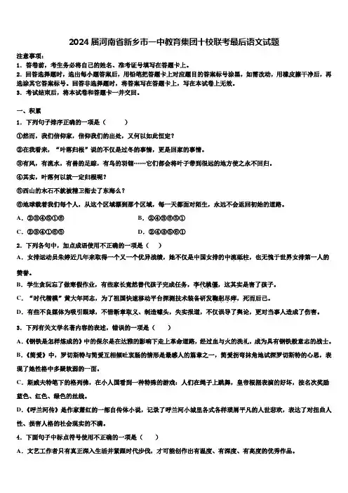 2024届河南省新乡市一中教育集团十校联考最后语文试题含解析