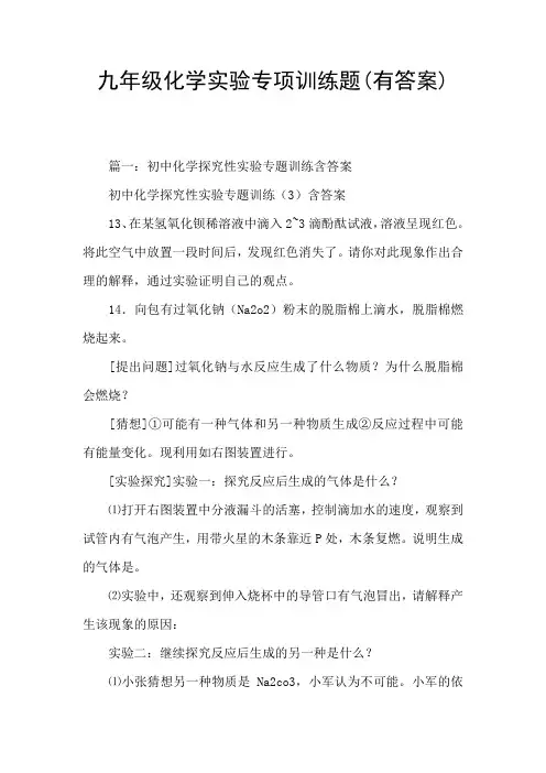 九年级化学实验专项训练题(有答案)