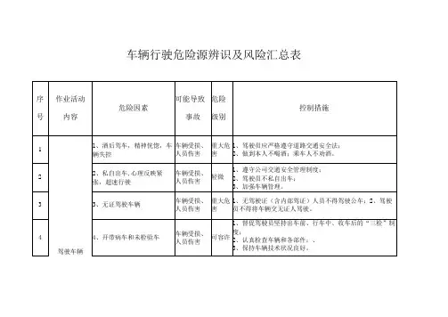 车辆行驶危险源辨识及风险汇总表