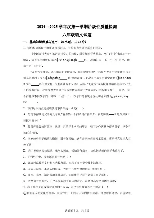 陕西省宝鸡市凤翔区2024-2025学年八年级上学期期中语文试题[含答案]