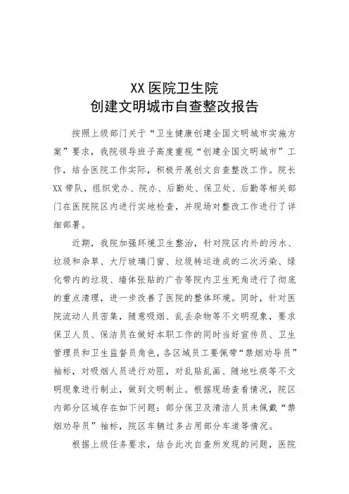 医院卫生院创建文明城市自查整改报告