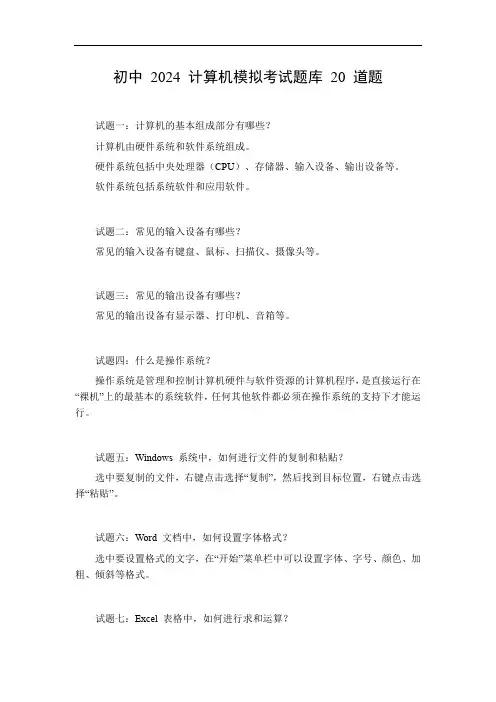 初中2024计算机模拟考试题库