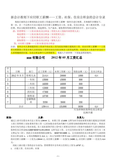 新会计准则下应付职工薪酬-工资、社保、住房公积金核算