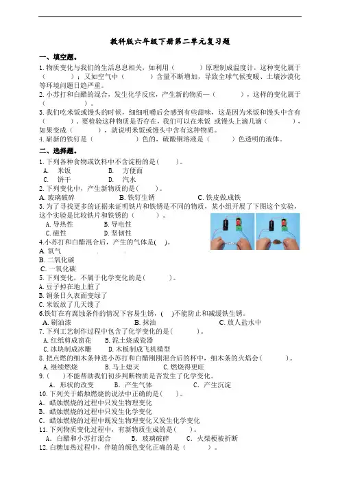 教科版六年级下册科学第二单元单元物质的变化复习题(含答案)