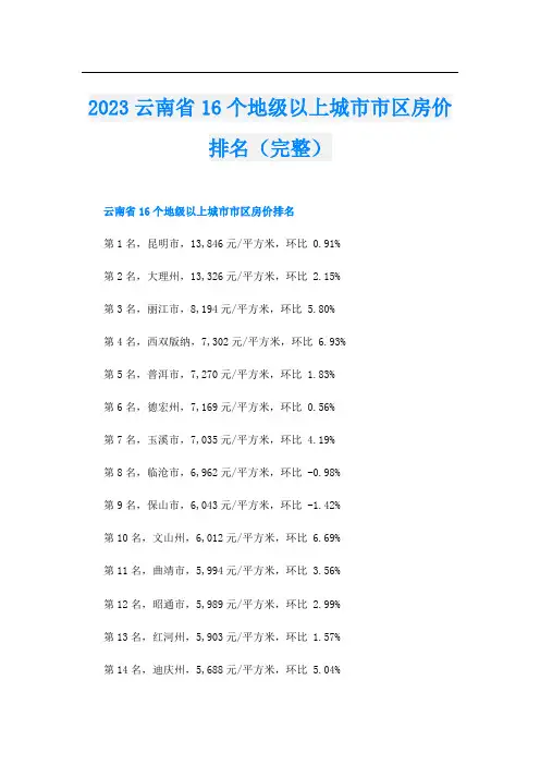 2023云南省16个地级以上城市市区房价排名(完整)