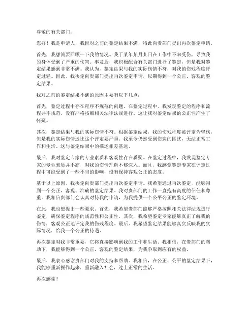 个人再次鉴定申请书