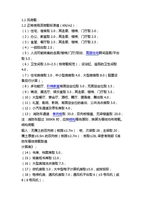 各类常用荷载标准值