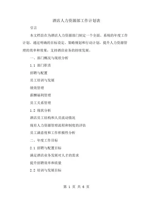 酒店人力资源部工作计划表