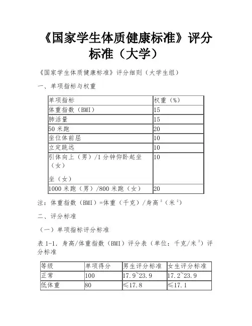 《国家学生体质健康标准》评分标准(大学)