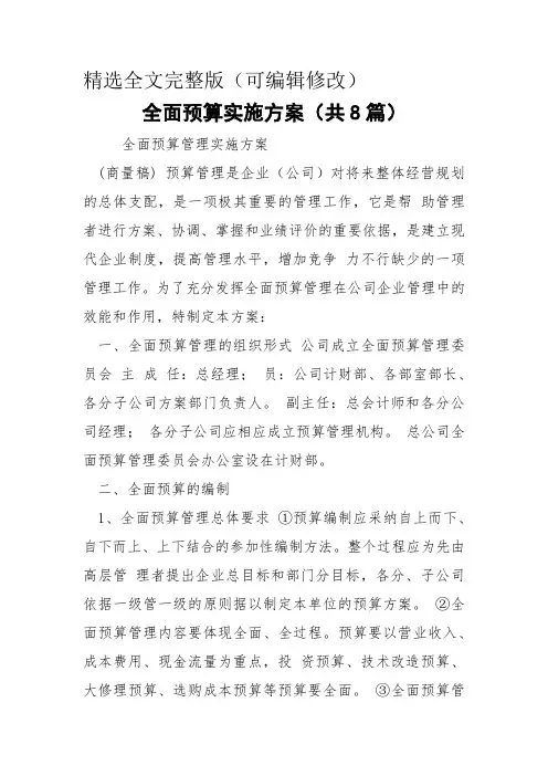 全面预算实施方案(共8篇) 精选全文