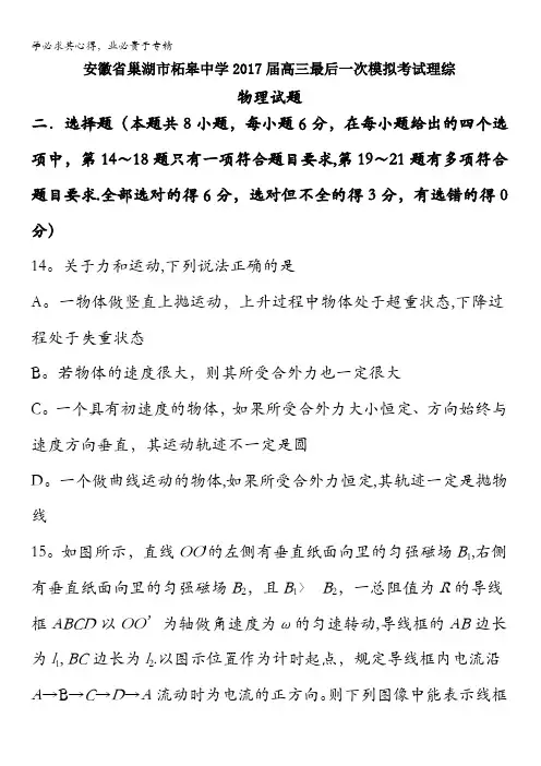 安徽省巢湖市柘皋中学2017届高三最后一次模拟考试理综-物理试题含解析