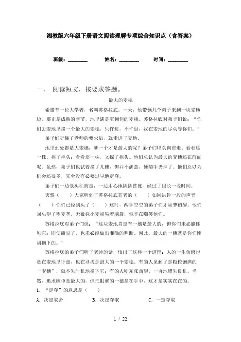 湘教版六年级下册语文阅读理解专项综合知识点(含答案)