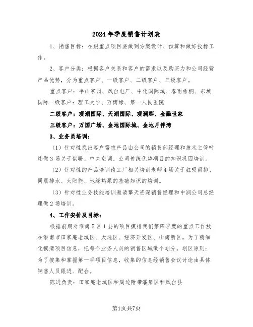 2024年季度销售计划表（三篇）