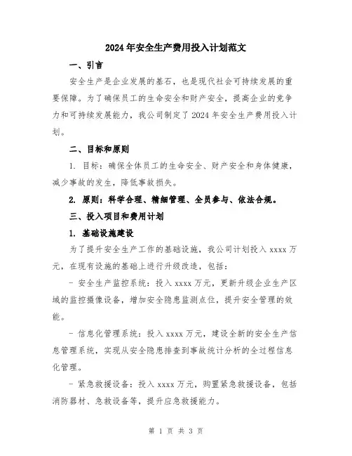 2024年安全生产费用投入计划范文