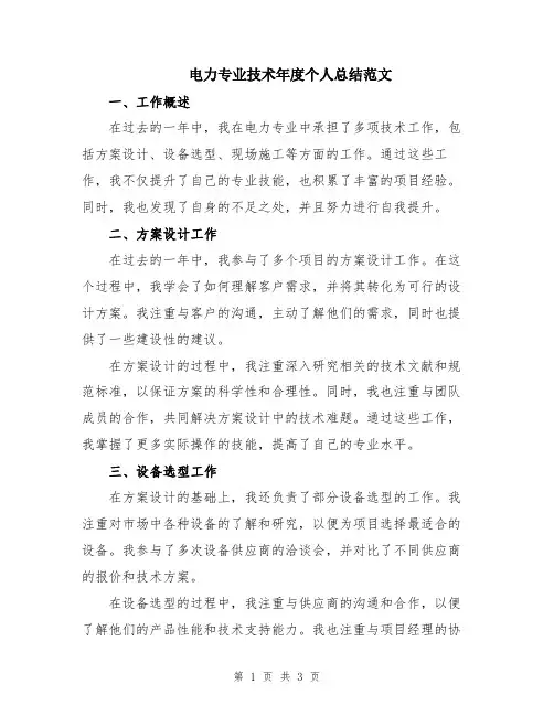 电力专业技术年度个人总结范文
