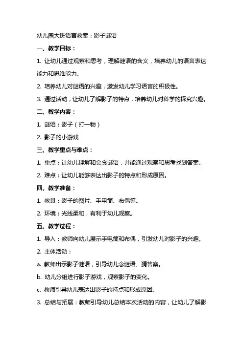 幼儿园大班语言教案：影子谜语