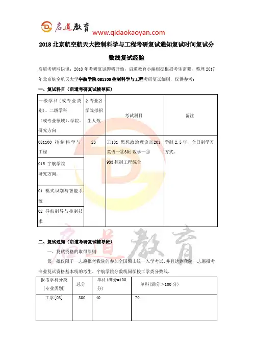 2018北京航空航天大学控制科学与工程考研复试通知复试时间复试分数线复试经验