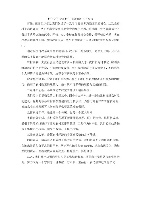 最新-村书记在全市村干部培训班上的发言 精品