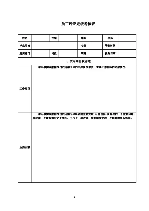 员工转正定级考核表