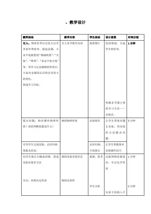 高中化学_金属的化学性质(钠)教学设计学情分析教材分析课后反思