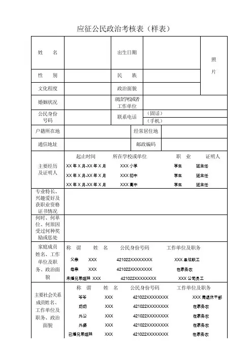 应征公民政治考核表样表
