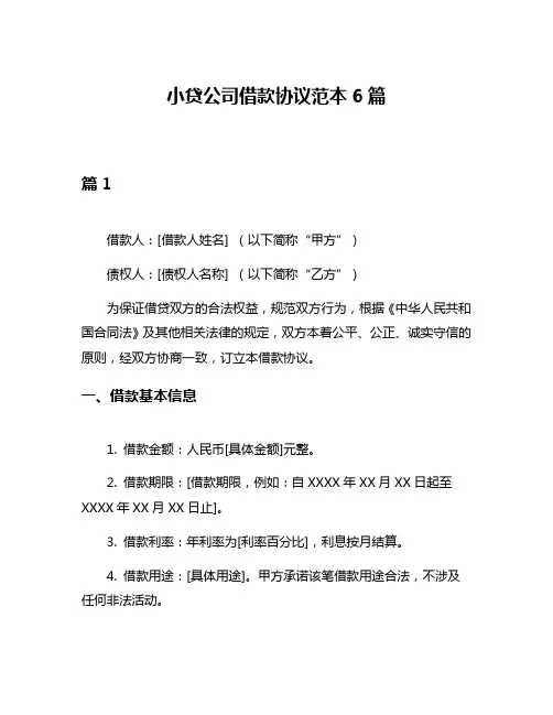 小贷公司借款协议范本6篇